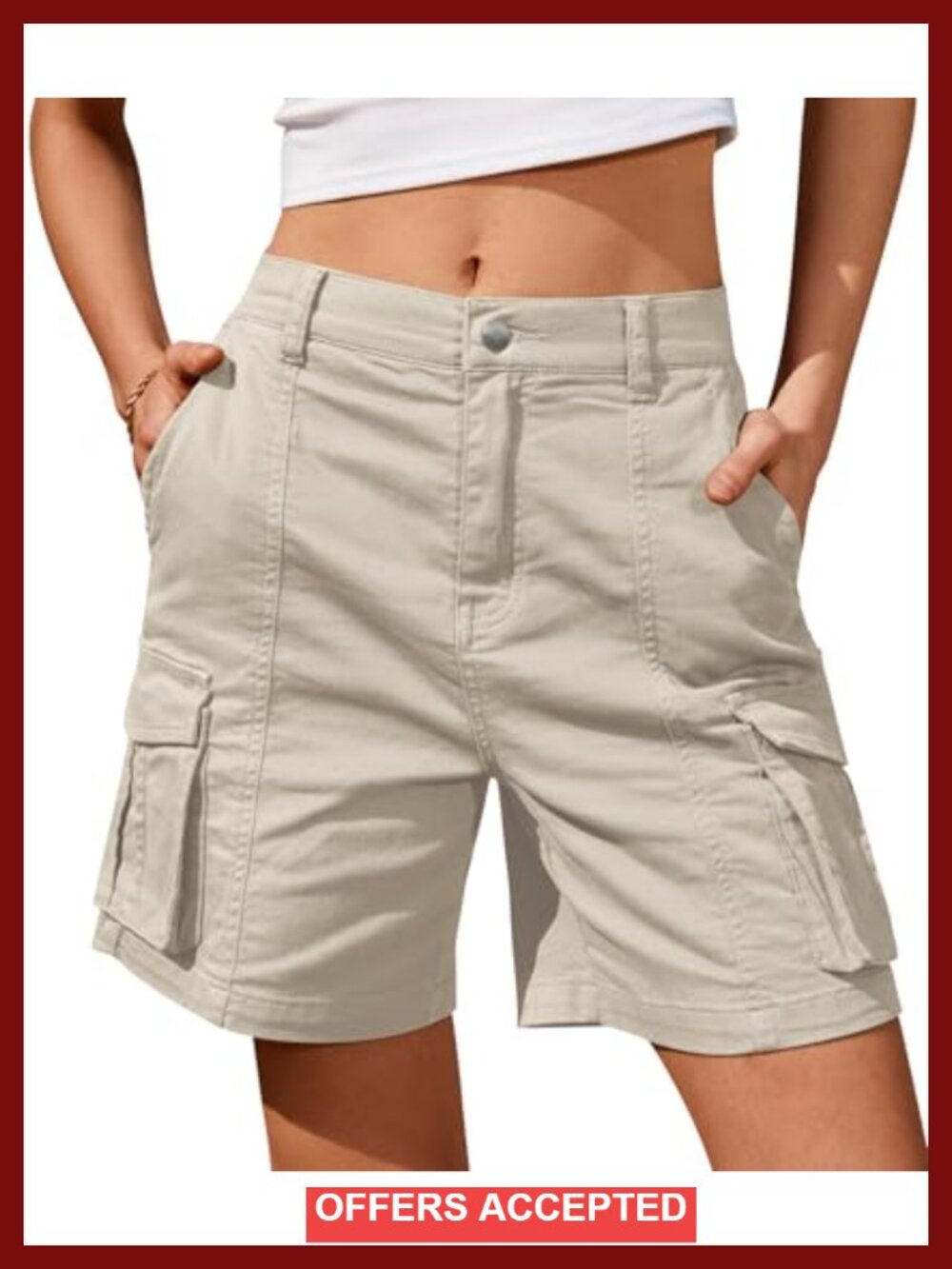 Bermuda Cargo Shorts Women 6 Pockets Elastic Waist Knee Length Casual